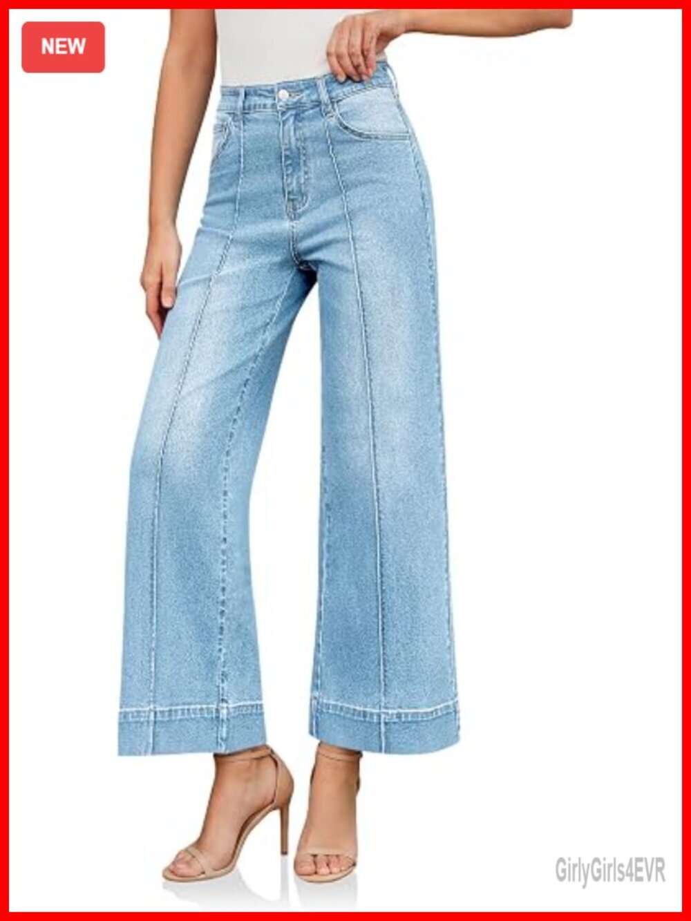 High Waisted Baggy Wide Leg Cropped Jeans Stretchy Front Seam Denim Pants with